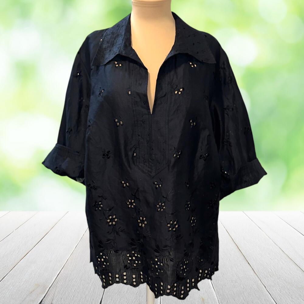 Vintage ICE Ramie Tunic Top Embroidered Eyelet Scallop Hem Sheer Black Plus 1X
